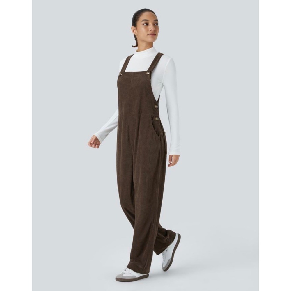 Halara Waffle Knit Overalls Women Small Demitasse Brown Excellent Wide Leg Bib